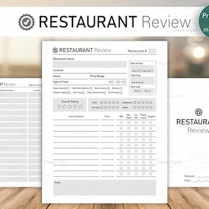Restaurant Review : Printable Journal for Diners, Cafes, Bars | Fast Food PDF, A4 & US Letter Instant Download