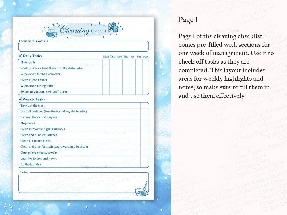Editable Cleaning Checklist: Weekly Planner Printable (PDF) - Etsy