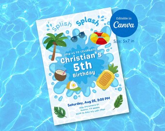 Splish Splash Pool Party Invitation: Summer Birthday, Canva Template (Digital Download)