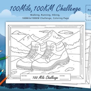 100 Mile Challenge / 100 KM Challenge - wandelen, hardlopen, wandelentracker, kleuren - versie wandelschoenen - afdrukbare pdf - A4, Letter