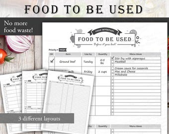 Alimentos para usar, Inventario de alimentos imprimible, Reducir el desperdicio de alimentos, Rastreador de alimentos, Inventario de cocina, Organizador de cocina, Tamaño A4, Tamaño carta, PDF
