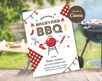 Backyard BBQ Invitation: Grill and Chill Party, Editable Canva Template (Digital Download, 5x7 in)