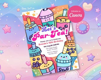 Boba Tea Birthday Party Invitation, Editable Bubble Tea Party, Girls Boba Birthday Invite, Milk Tea Invite, Tea Party Invite, Canva Template