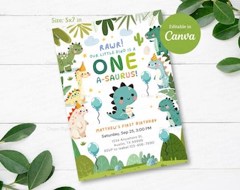 Dinosaur Birthday Party Invitation, One-A-Saurus Birthday Invite, Dinosaur 1st Birthday, Boy First Birthday, Canva Template, Editable
