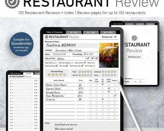 Digital Restaurant Review Journal for Goodnotes | Hyperlinked Food Diary for 120 Restaurants