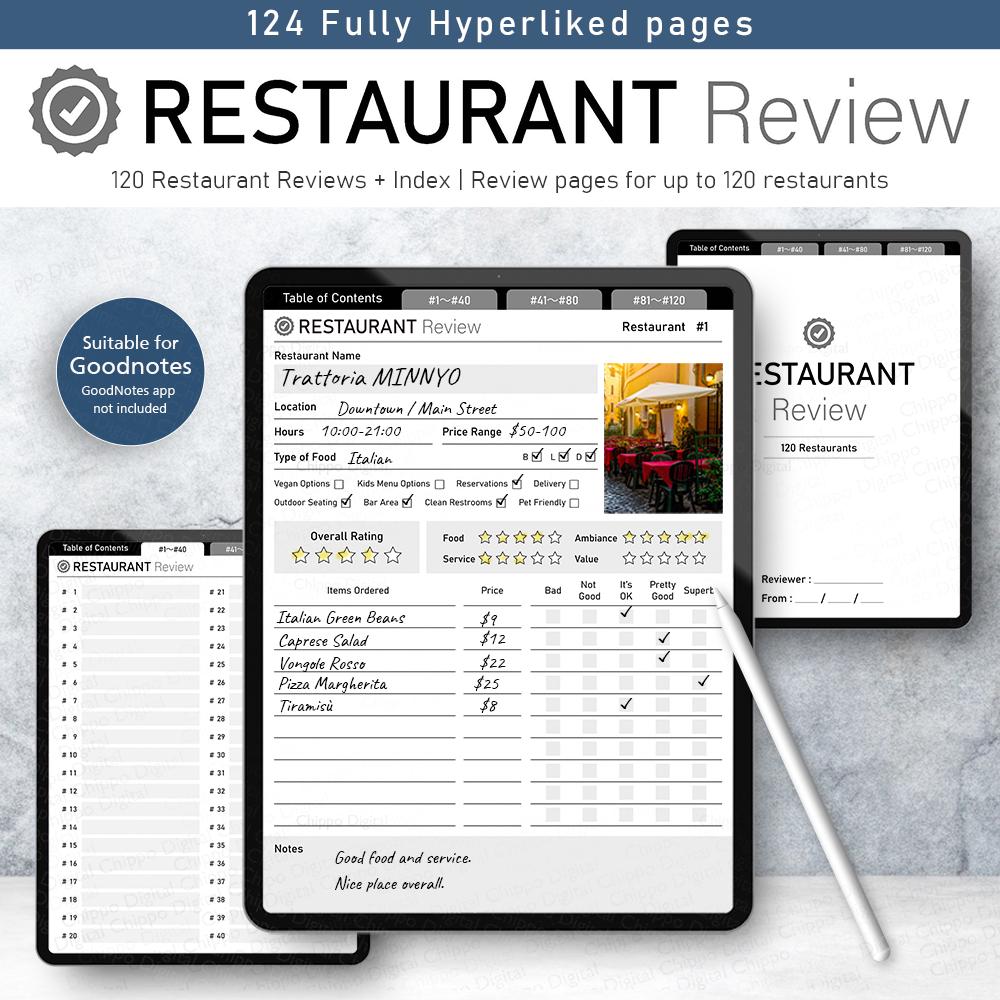 Digital Restaurant Review Journal for GoodNotes | Hyperlinked Food Diary (120 Restaurants)