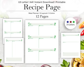 May include: Printable recipe page template with 12 pages, 4 layouts, and 3 color options. The template has a green and white color scheme with a handwritten "Recipe" title and space for ingredients, instructions, and servings.