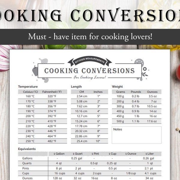 Cooking Conversion Chart - Essential Kitchen Tool - Letter Size Printable - Imperial & Metric