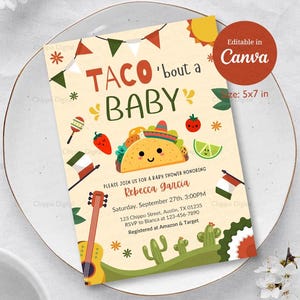 Taco Bout A Baby Shower Invitation, Taco Birthday Party, Editable Fiesta Baby Shower Invite, Printable , Canva Template