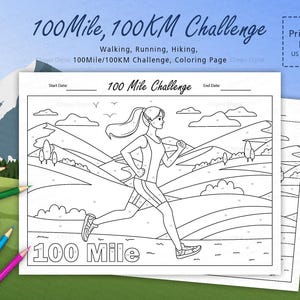 100 Mile Challenge / 100 KM Challenge - Walking, Running, Hiking Tracker, Coloring - Running Girl Version - Printable PDF - A4, Letter