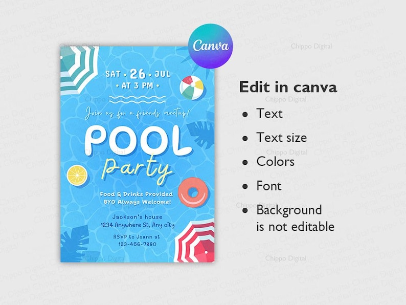 Pool Party Invitation Canva Template: Editable 5x7 Design (digital ...