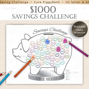 1000 Dollar Savings Challenge Tracker, Piggy Bank Coloring Sheet (Digital Download)