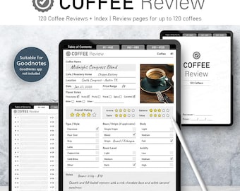 Digital Coffee Review Journal for Goodnotes | Hyperlinked Coffee Tasting Log for 120 Coffees