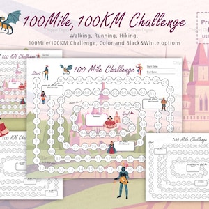 100 Mile Challenge / 100 KM Challenge - Walking, Running, Hiking Tracker, Castle Theme - Printable PDF - A4, Letter
