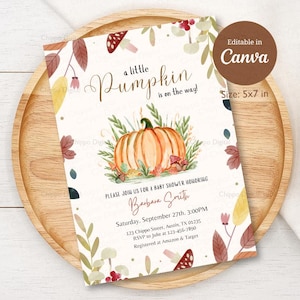 Pumpkin Baby Shower Invitation, A Little Pumpkin is on The Way Baby Shower Invitation, Fall Baby Shower Invite, Canva Template, Editable