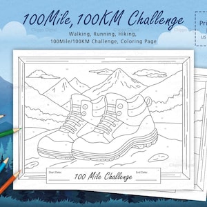 100 Mile Challenge / 100 KM Challenge - Walking, Running, Hiking Tracker, Coloring - Hiking shoes Version - Printable PDF - A4, Letter