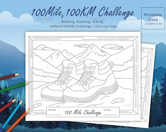 100 Mile/KM Challenge Tracker: Hiking Shoes Coloring Page (Printable PDF)