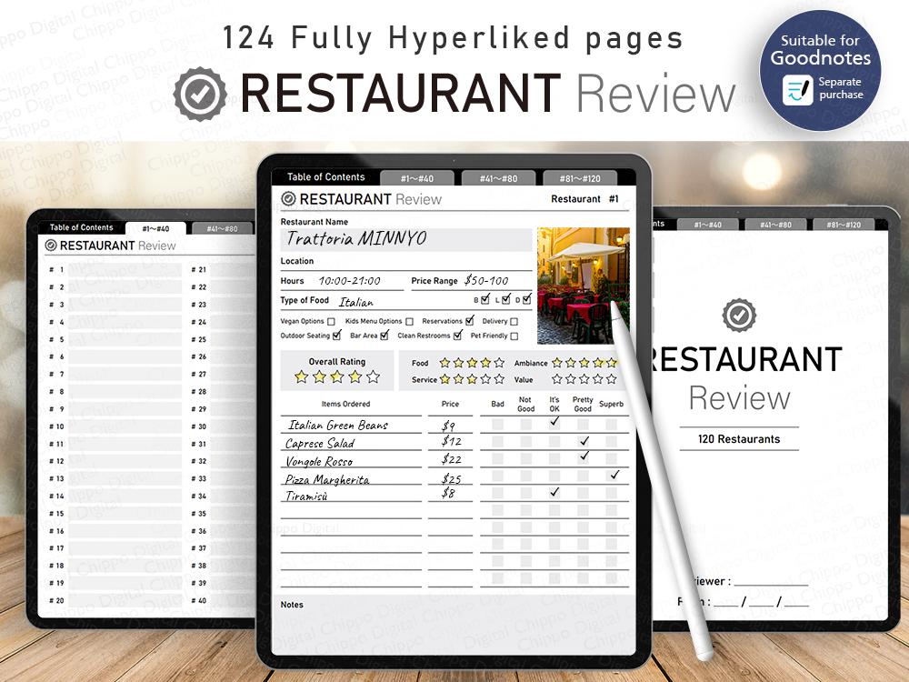 Reseña digital de restaurantes para Goodnotes, revista de restaurantes, revista con hipervínculos, cafeterías, bares, restaurantes de comida rápida, restaurantes, libros de restaurantes interactivos