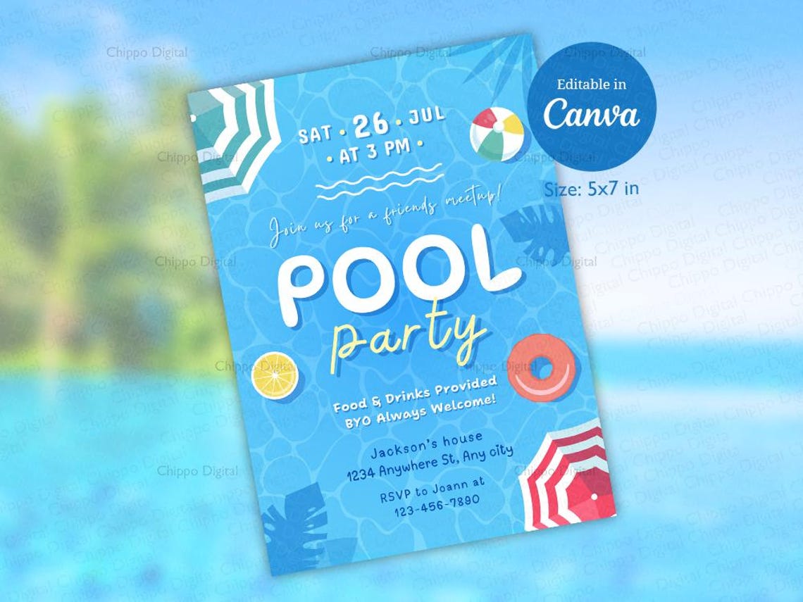 Pool Party Invitation Canva Template: Editable 5x7 Design (digital ...