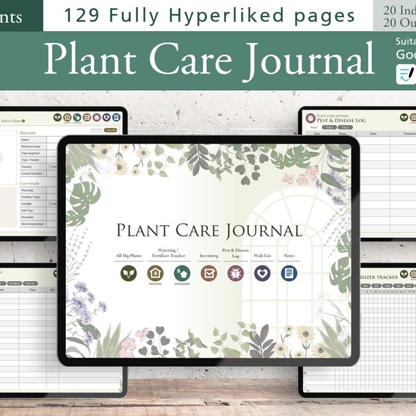 Journal numérique d'entretien des plantes pour Goodnotes, journal ultime des amateurs de plantes, 40 plantes, plantes d'intérieur et d'extérieur avec liens hypertexte, agenda pour iPad