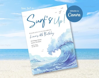 Surf&#39;s Up Birthday Invitation, Editable Wave Birthday Invite, Surf&#39;s Up Ocean Beach Theme, Summer Party Invite, Canva Template