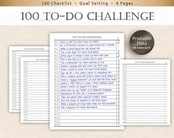 100 To-Do Challenge Printable: Goal Setting Checklist (US Letter, A4)