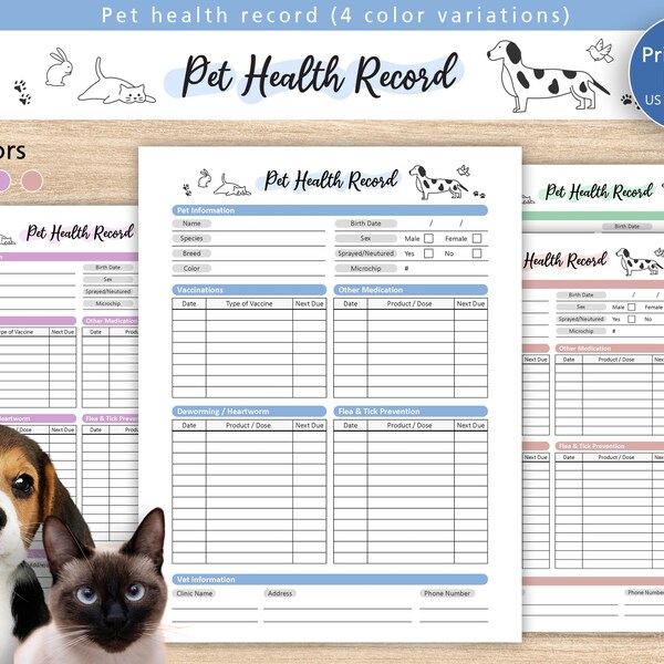Pet Health Record Printable, Pet Care Sheet, Shots Log, Vaccination Record, Printable PDF