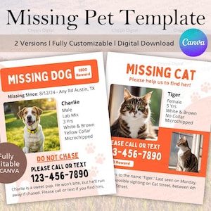 Plantilla de Canva para mascota perdida, perro perdido, gato perdido, mascota extraviada, descarga instantánea, editable e imprimible, tamaño A4, carta (EE. UU.)