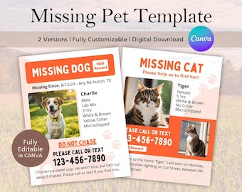 Lost Pet Poster Template: Missing Dog & Cat, Editable Canva Design (Digital Download)