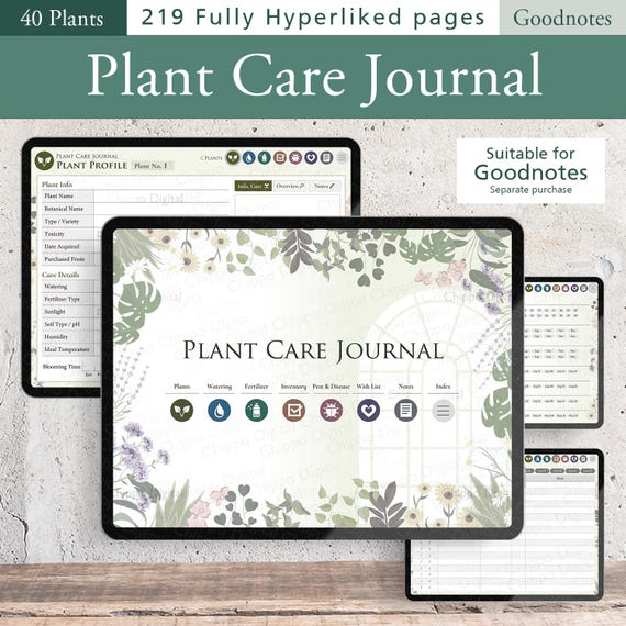 Digital Plant Care Journal for Goodnotes | 219-Page Hyperlinked Planner for 40 Plants | Green Design