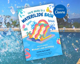 Waterslide Birthday Invitation: Splish Splash Pool Party (Canva Template, Digital Download)