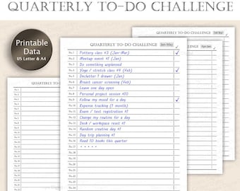 Quarterly To-Do List Printable: 100 Tasks Over 4 Quarters (US Letter, A4)