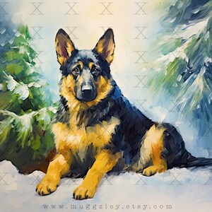 German Shepard Winter Scene Art Print Instant Download