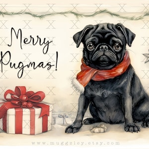 Merry Pugmas Black Pug Art Print Instant Download