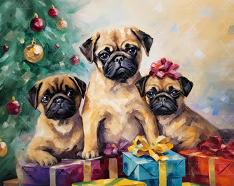 Christmas Pug Puppies Art Print ~ Instant Download