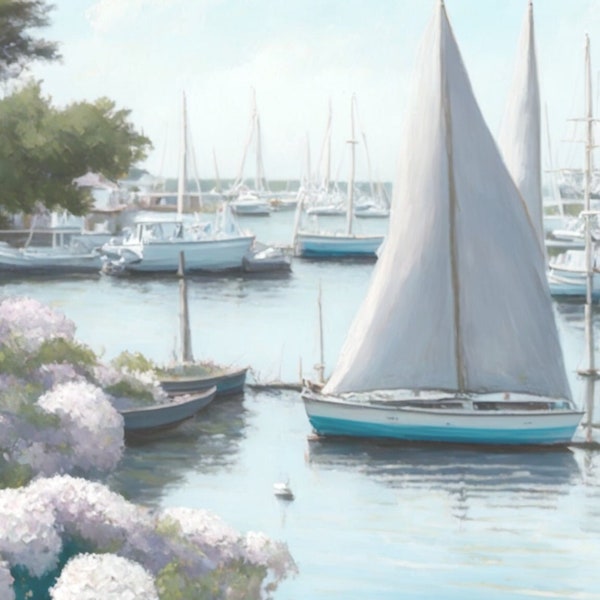 Coastal New England | Soft Natural Coastal Painting | Sailboats + Hydrangeas PRINTABLE Download Coastal Thyme Designs |