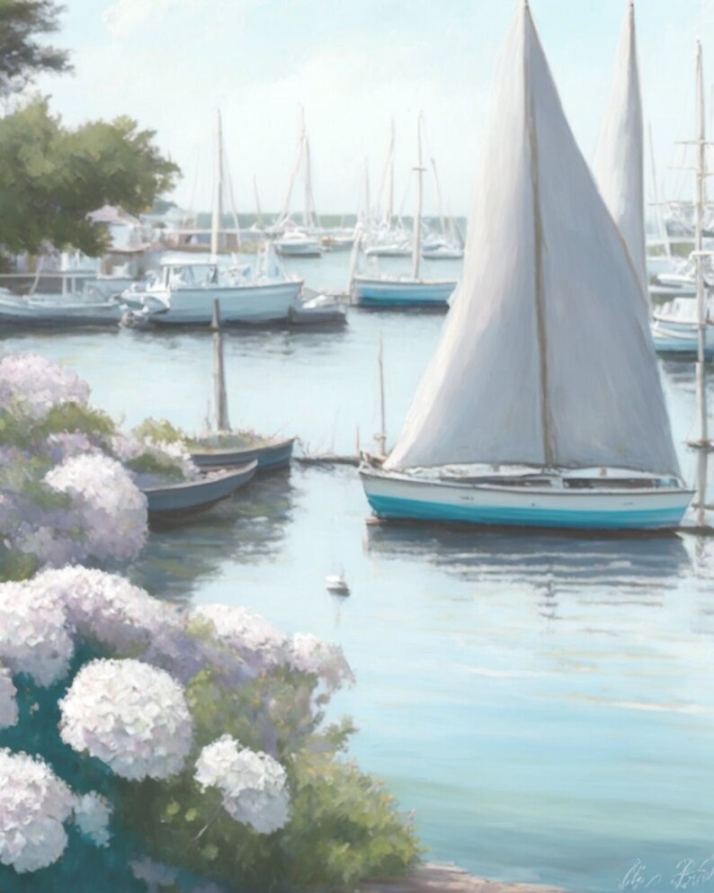 Coastal New England Soft Natural Coastal Painting Sailboats Hydrangeas PRINTABLE Download Coastal Thyme Designs image 1