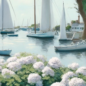 Verão em Nantucket | Pintura costeira natural suave | Veleiros à beira-mar + hortênsias PARA IMPRIMIR Baixe designs de tomilho costeiro |