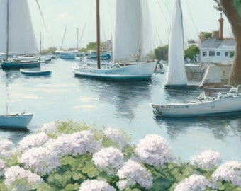 Nantucket Summer | Soft Natural Coastal Painting | Seaside Sailboats + Hydrangeas PRINTABLE Download Coastal Thyme Designs |