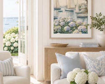 Hydrangeas by the Harbor | Hydrangea Sailboat Wall Art | Coastal Decor | New England Harbor Painting | Printable Coastal Art
