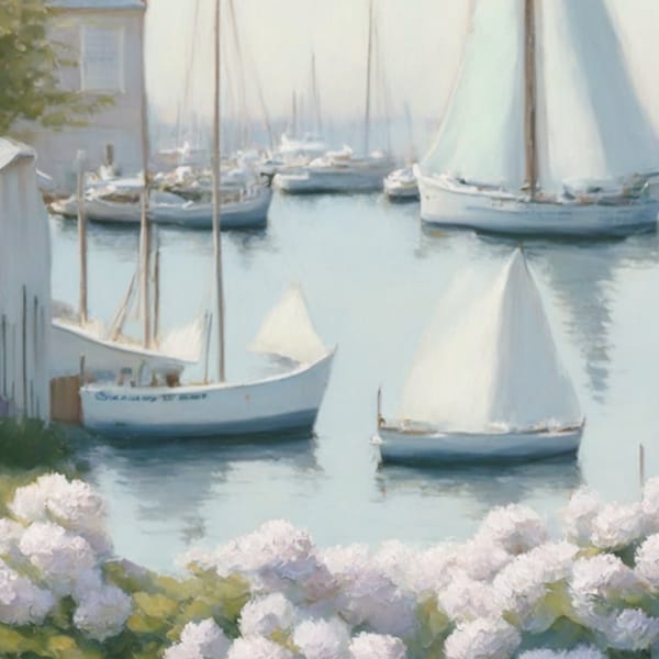 New England | Soft Natural Coastal Painting | Sailboats + Hydrangeas PRINTABLE Download Coastal Thyme Designs |