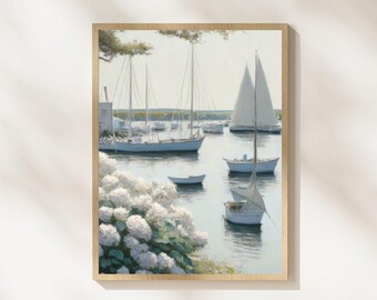 帆船と夕日の絵画｜海岸風景画（印刷用ダウンロード）