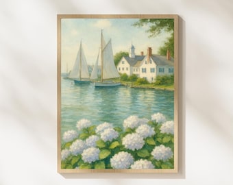 Nantucket Coastal Watercolor Painting | Sailboats & Hydrangeas (Printable Art)