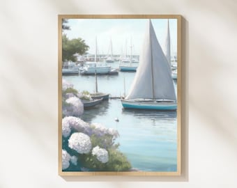 Coastal Sailboat Painting | Hydrangeas, New England Art (Printable Download)