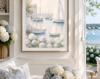 Nantucket Harbor Watercolor Print | Sailboat Hydrangea New England Coastal Art (Digital Download)