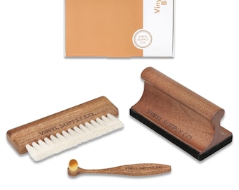 Vinyl Supply Co. Ultimate Record Cleaning Kit - 100% All-Natural Sapele Mahogany Wood 3-in-1 Brush Set for Vinyl Record Cleaning