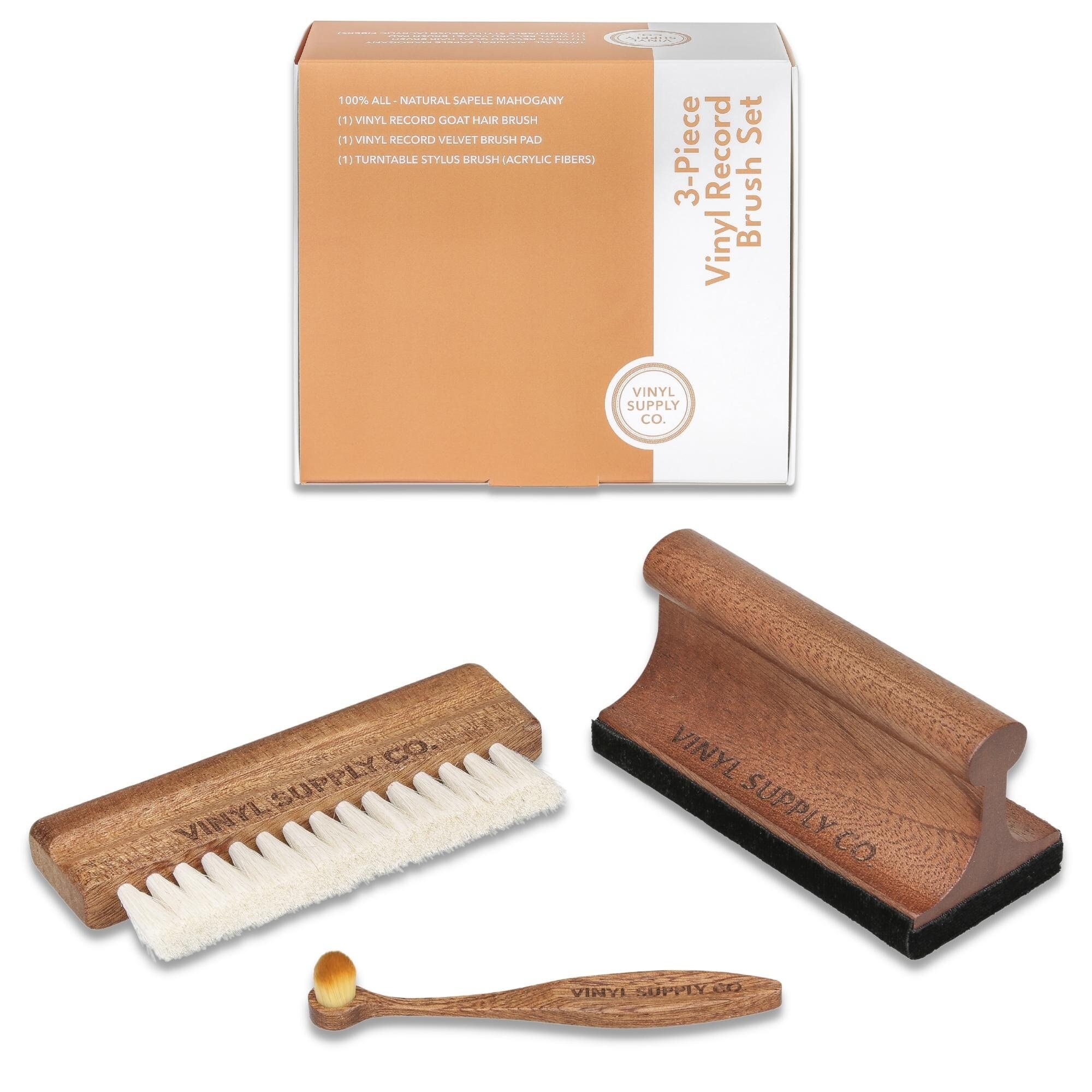 Vinyl Versorgung Co. Ultimatives Schallplatten-Reinigungs-Set - 3-in-1-Bürsten-Set aus 100% natürlichem Sapele-Mahagoni-Holz für die Reinigung von Schallplatten