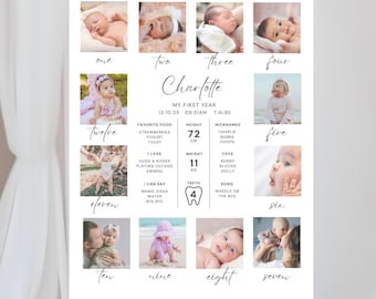 Cartello minimalista per il primo compleanno, poster stampabile per il primo anno del bambino, modello di collage fotografico, bacheca modificabile per il primo compleanno.