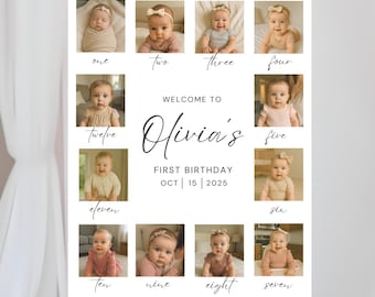 Cartello minimalista per il primo compleanno, poster stampabile per il primo anno del bambino, modello di collage fotografico, bacheca modificabile per il primo compleanno