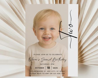 Editable 2nd Birthday Invitation, Second Birthday Party Invite Minimalist Boho Second Birthday Boy Birthday Girl Instant Digital Download